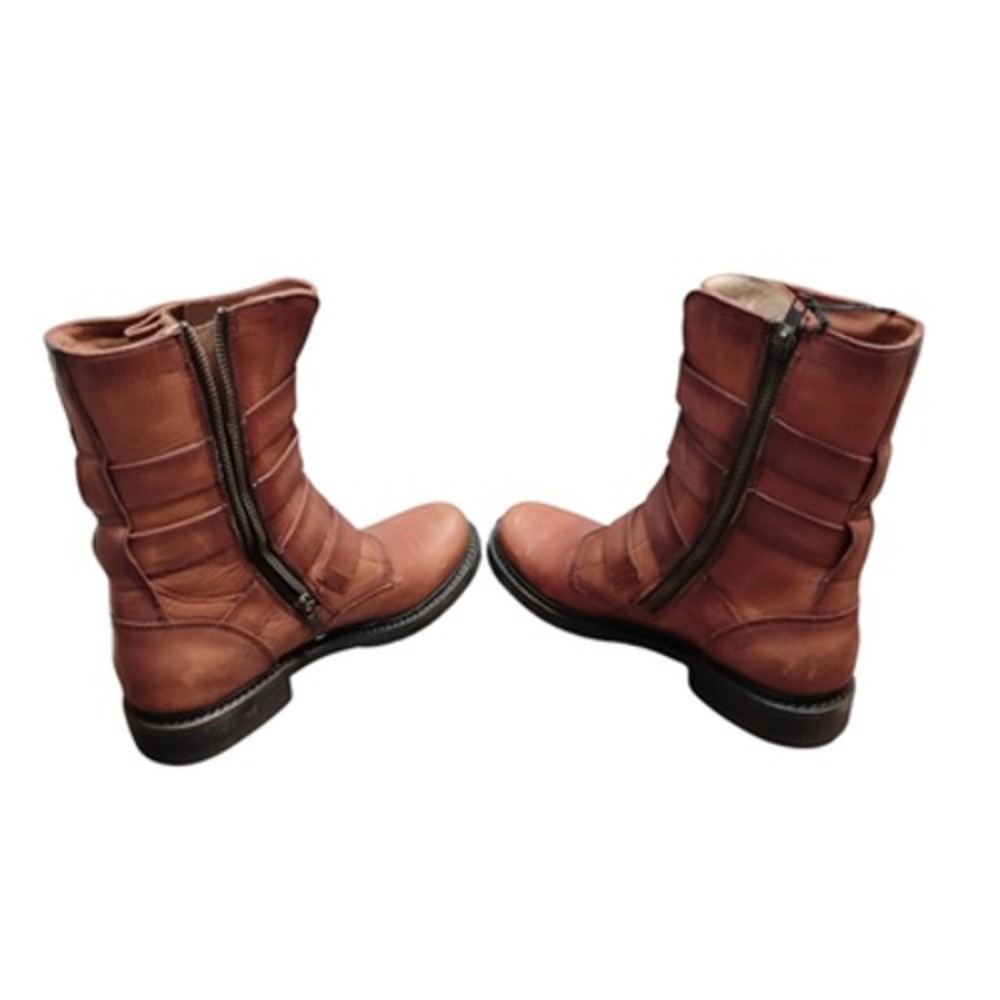 Frye Veronica Tanker Boots Women's 7M Cognac Moto‎ Combat Leather Strappy Belted - Picture 7 of 12